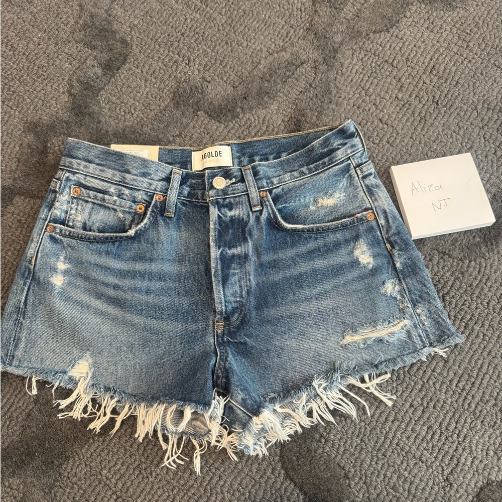 Agolde Blue Distressed Denim Jean Shorts